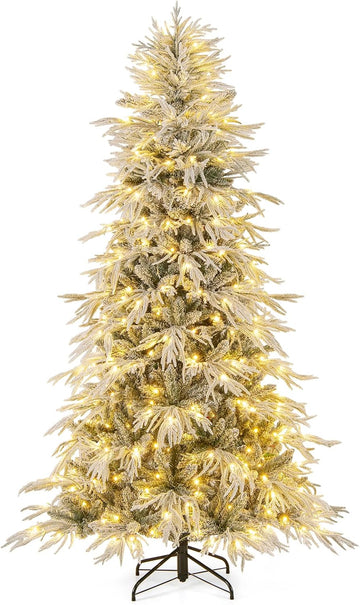 Pre-Lit Snow Flocked Christmas Tree, Artificial Hinged Xmas Tree with 820 PE & PVC Mixed Branch Tips, 340 Warm