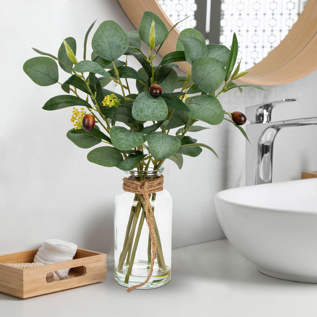 Artificial Eucalyptus Stems Fake Plants in Glass Vase with Faux Water
