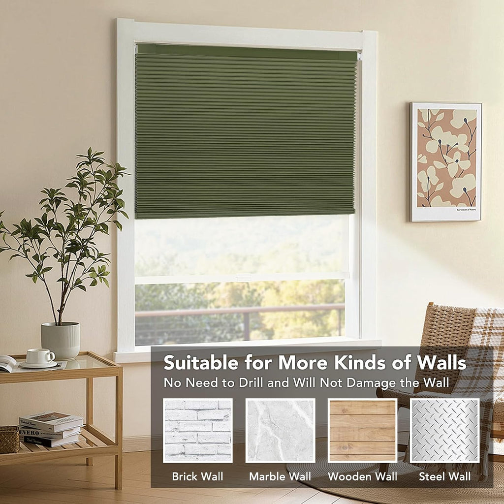 No Drill Cordless Cellular Shades, Green, Honeycomb Blinds for Indoor Windows, Blackout, Easy Install, Shades
