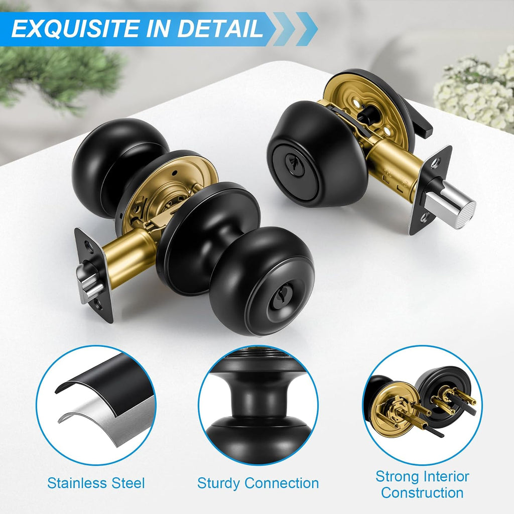 5 Pack Front Door Lock Set Matte Black,Exterior Door Lock Set with Deadbolt,Single Cylinder Deadbolt Lock and Door - Door Knob