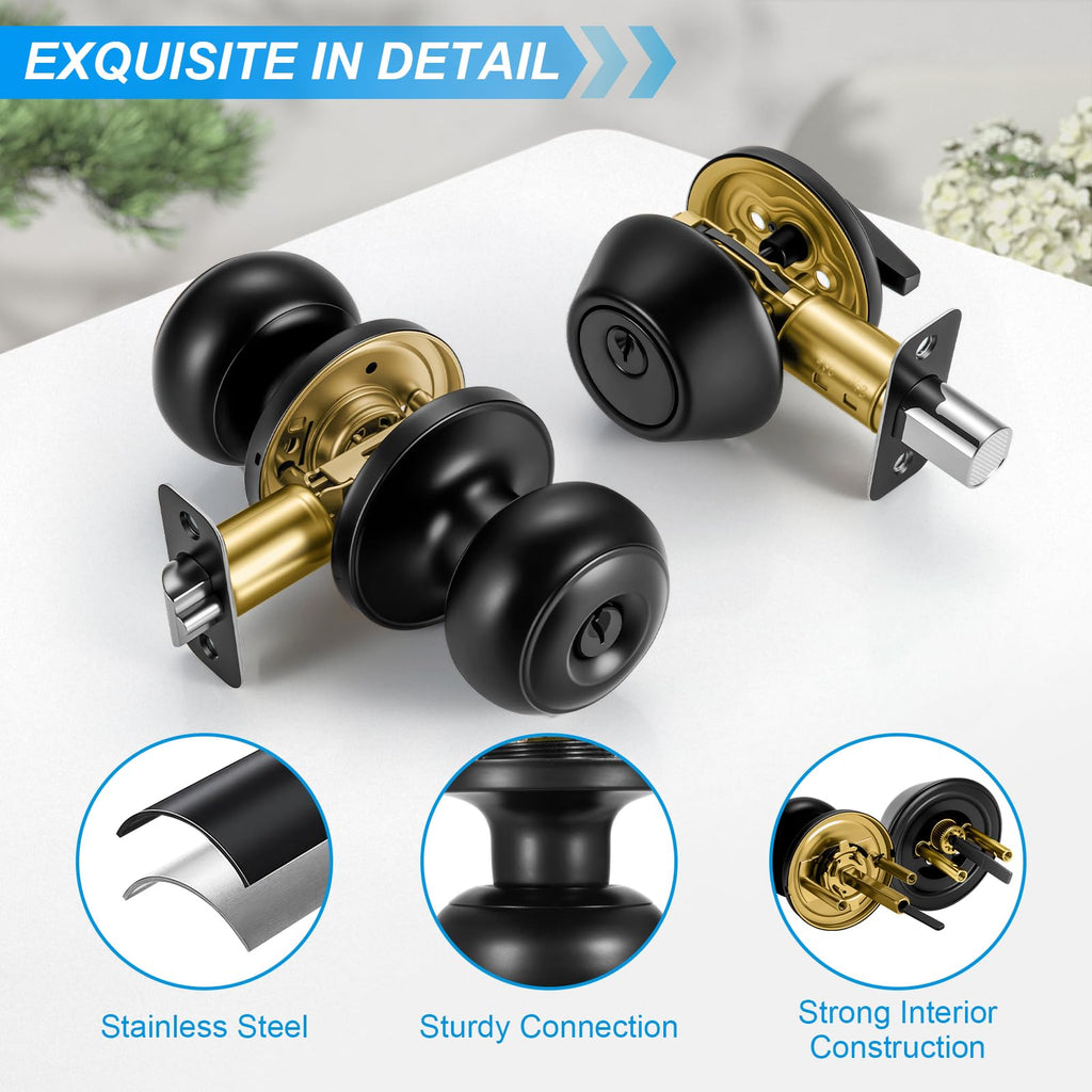 4 Pack Front Door Lock Set,Matte Black Exterior Door Lock Set with Deadbolt,Single Cylinder Deadbolt Lock and Door