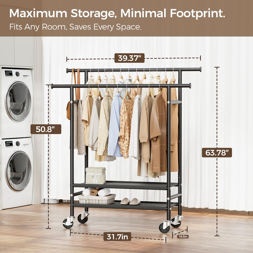 Double Rods Clothes Racks, Rolling Clothing Rack for Hanging Clothes with Wheels & Shelves, Portable Garment Coat