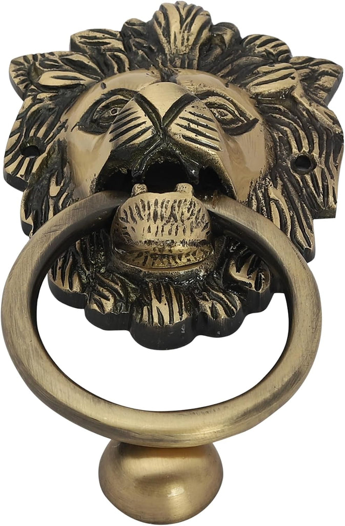 Brass Door Knocker Hand-Etched Carved Gate Knocker Handle Pull Home Decor Hardware Lion Head Design Golden Color 5.5
