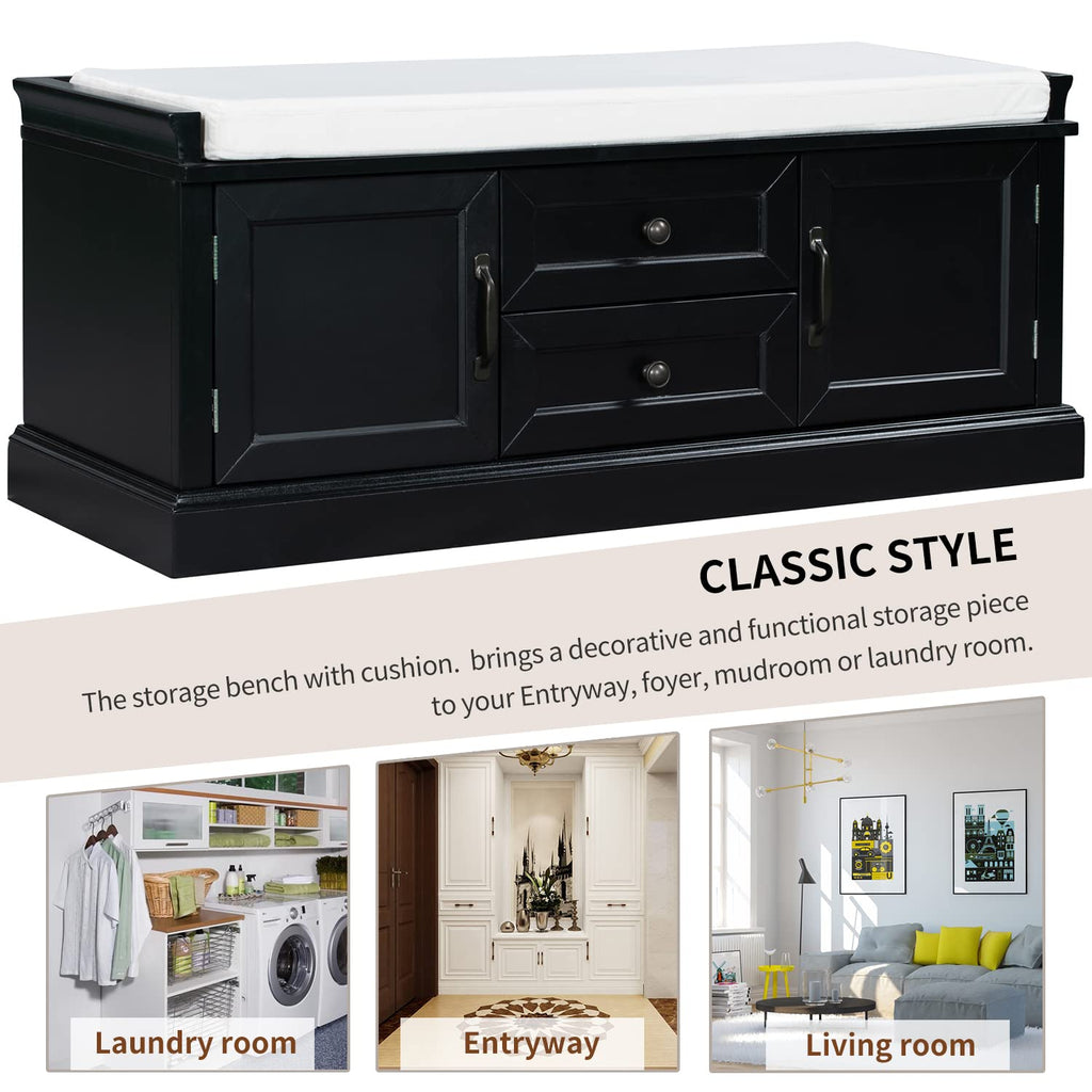 Rustic Wood Storage Bench With 2 Cabinets and 2 Drawers, Removable Cushion - Assembly Required