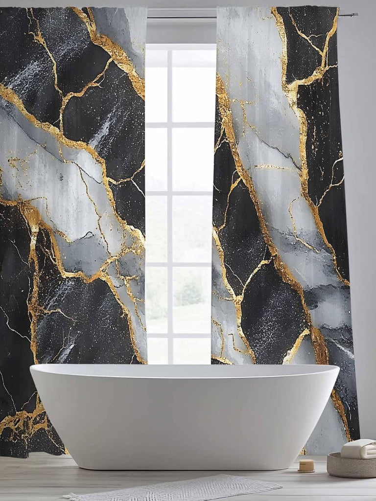 Sheer Curtains 96 Inches Long 2 Panels Set, Marble Black Semi Sheer Curtains for Windows, Grey Granite Surface Luxury