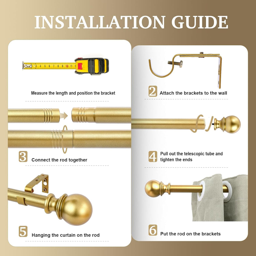Curtain Rods - 1" Diameter, 32-72" Standard Decorative Window Curtain Rod Set with Brackets - Gold