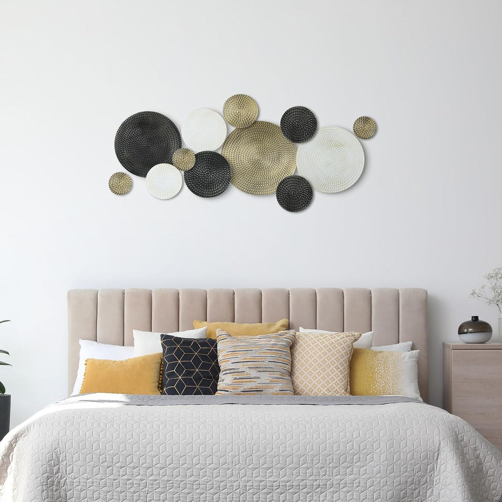 Black Gold and White Metal Wall Decor 3.9 to 13.8 Inch Large Modern Round Metal Wall Art 3D Circles Textured - Set of 12