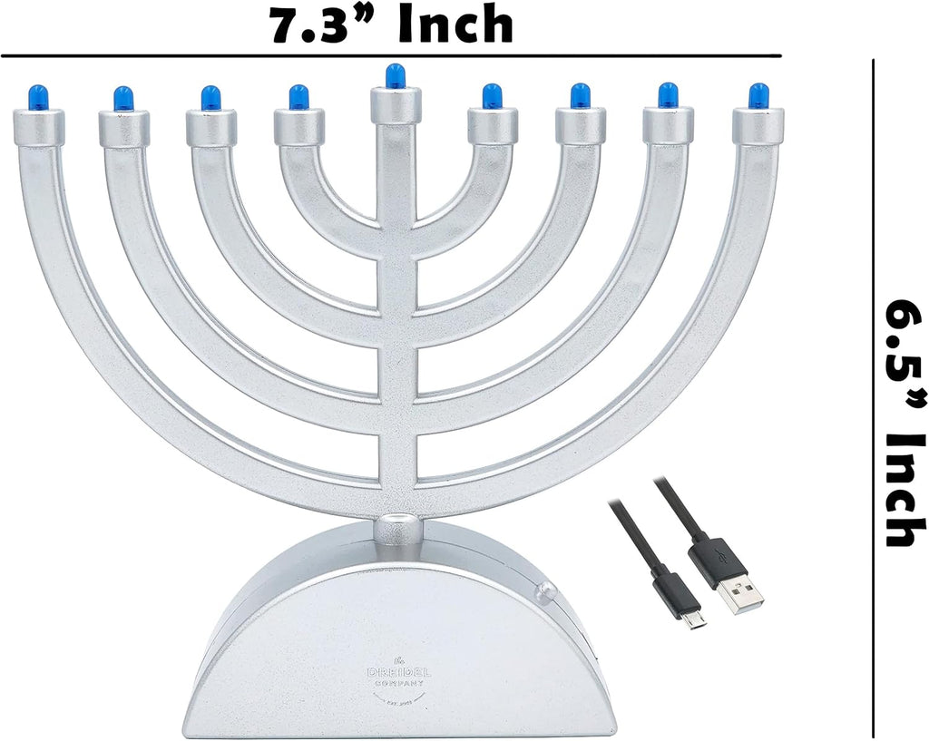 Silver Matte Mini Electric Classic , 7.3" Inch Classic Hanukkah , LED Travel Menora, Batteries or USB Powered, Micro