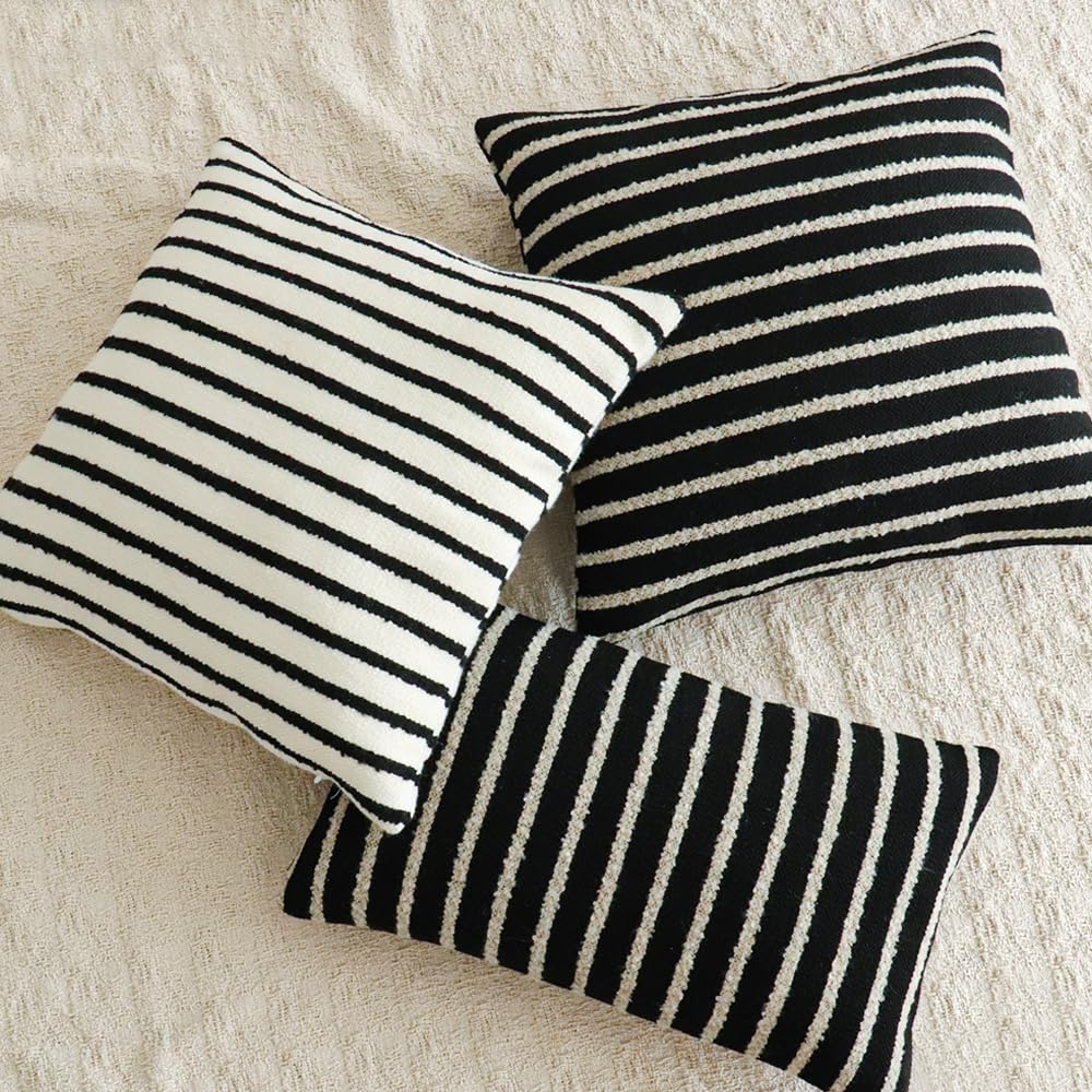 Black Striped Lumbar Boho Throw Pillow Cover, Modern Boucle Textured Rectangle Pillowcase for Sofa Couch Bed, Neutral