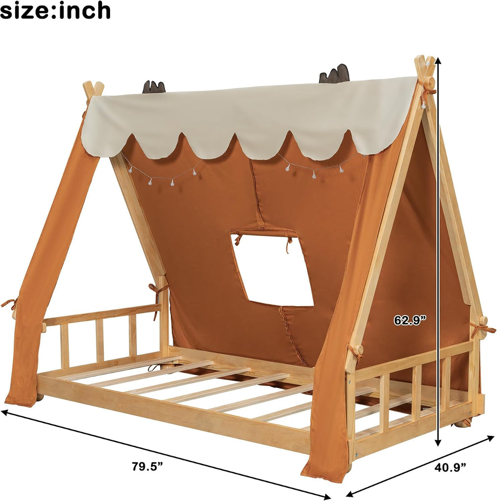 Twin Size House Bed with Tent & Light, Wooden Full Montessori Floor Beds for Kids with Roof, DIY Playhouse, No Box