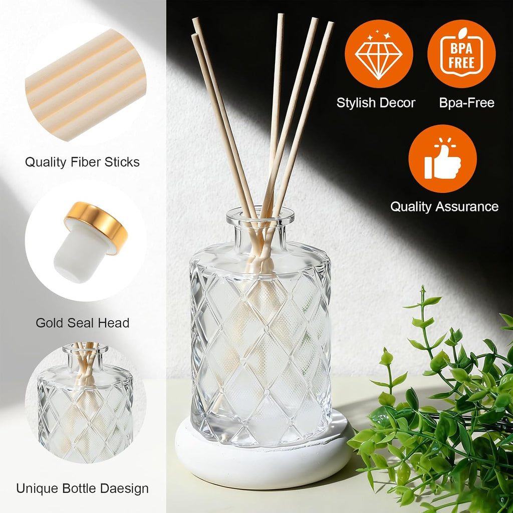 Glass Reed Diffusers Bottles, Diffuser Bottles with Reed Diffuser Sticks, Vintage Embossed Apothecary - Set of 4