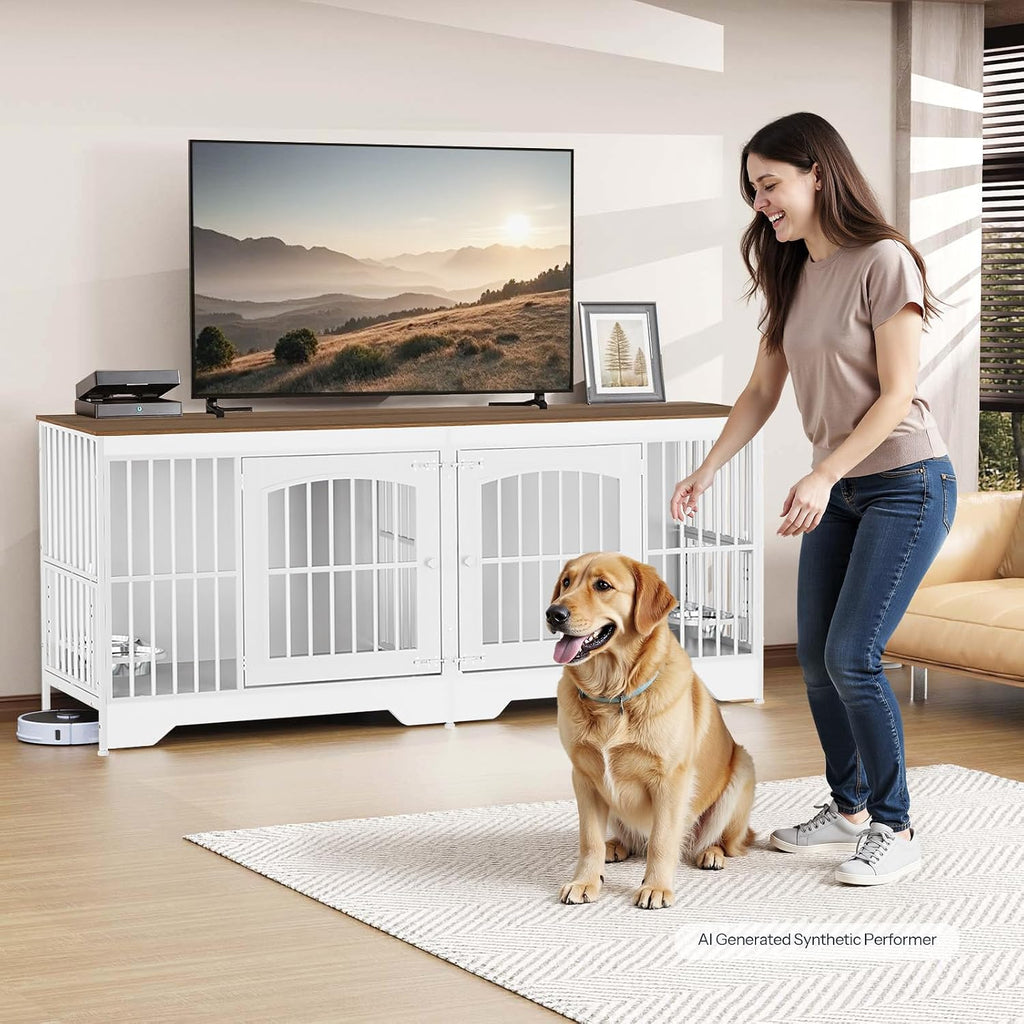 74.8" Dog Crate Furniture for 2 Dogs, Wooden Dog Kennel Indoor with Dog Bowls, Extra Large Double Doors Dog Crate TV