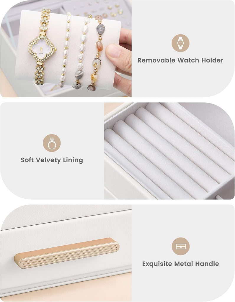 2-Layer Jewelry Box Organizer Holder for Women Girls Mom -Beige