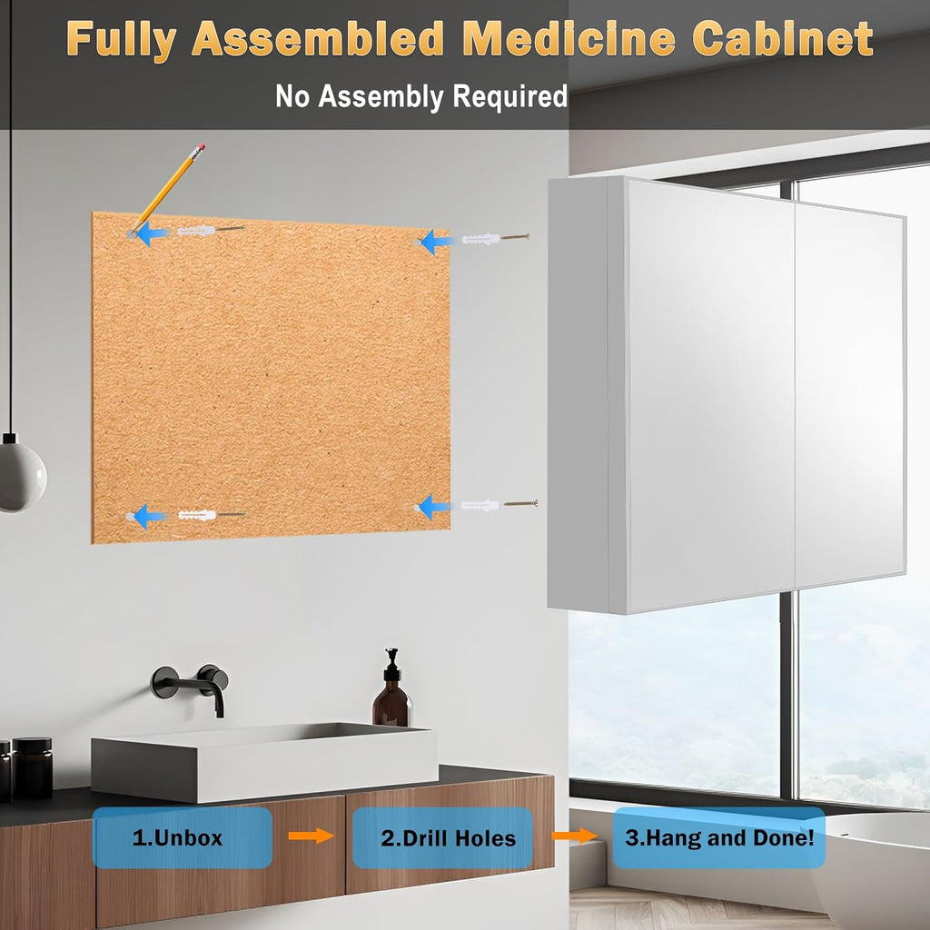 36x24 Medicine Cabinet Mirror with Storage, Pre-Assembled Medicine Cabinets , Recessed or Surface Mount Large Silver
