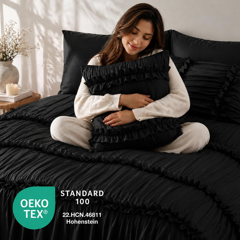 Ruffle Comforter Set, Ruched Bed in a Bag, 7-Piece, Black