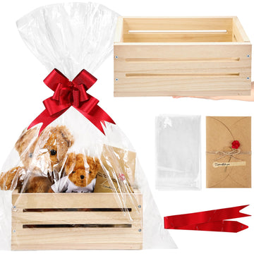 Empty Wooden Basket for Gift with Bag Ribbon Card, Wood, Large