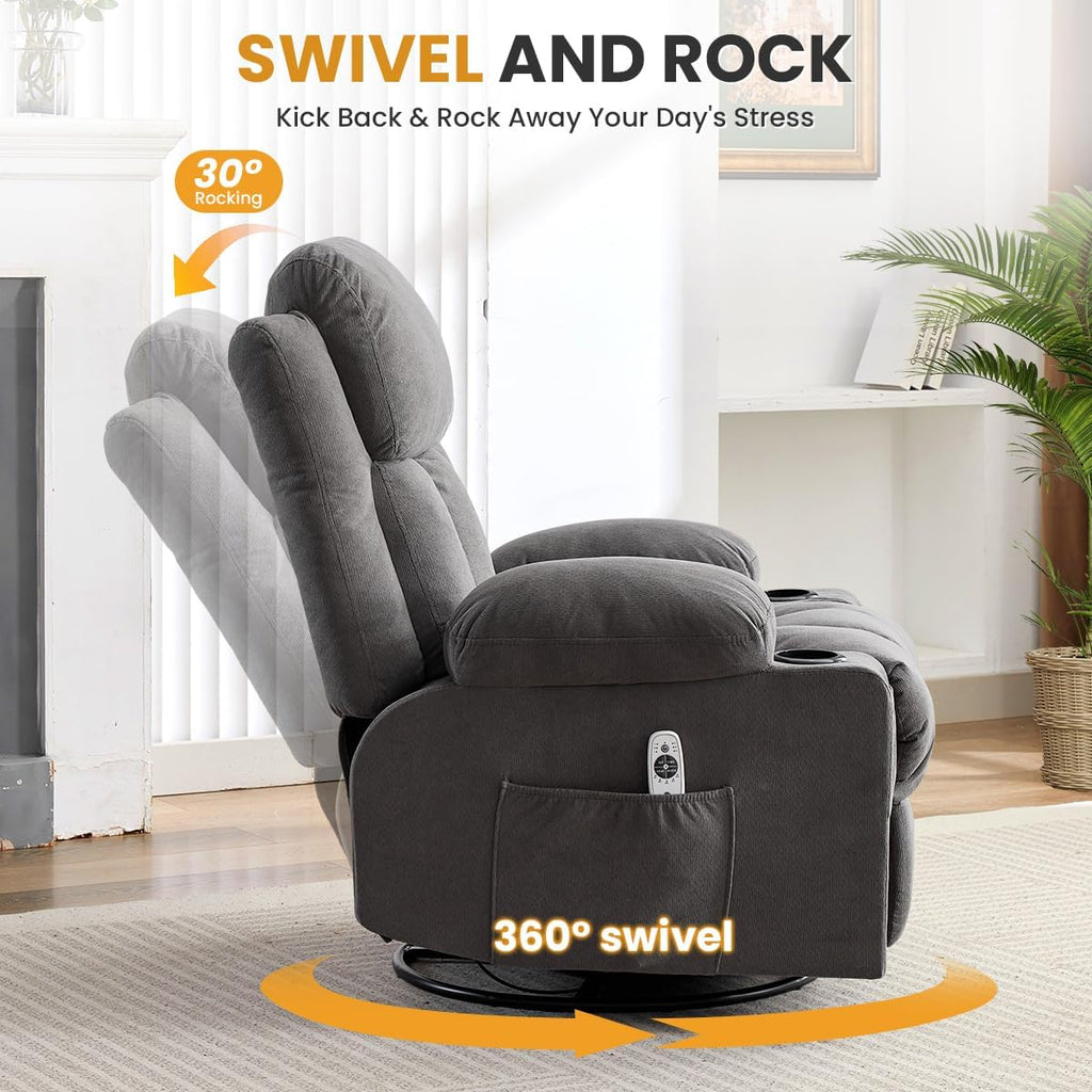 Swivel Rocker Recliner Chair with Vibration Massage and Lumbar Heating Ergonomic Lounge Chair with Rocking Function