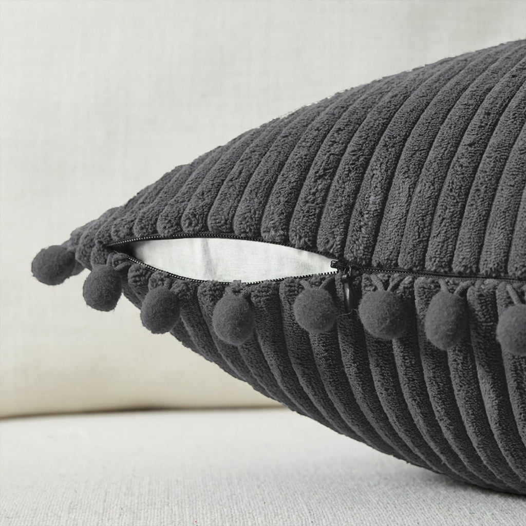 1 Pack Dark Gray Long Lumbar Body Decorative Throw Pillow Covers 20x54 Inch with Pom-poms for Couch Sofa, Farmhouse