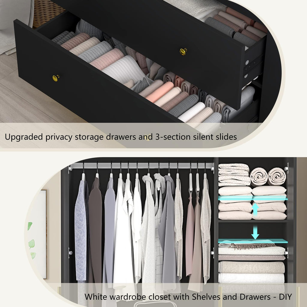 3 Door Wardrobe Closet with Mirror and LED Lights, Bedroom Armoire with Drawers Shelves, Modern Wooden Armoire
