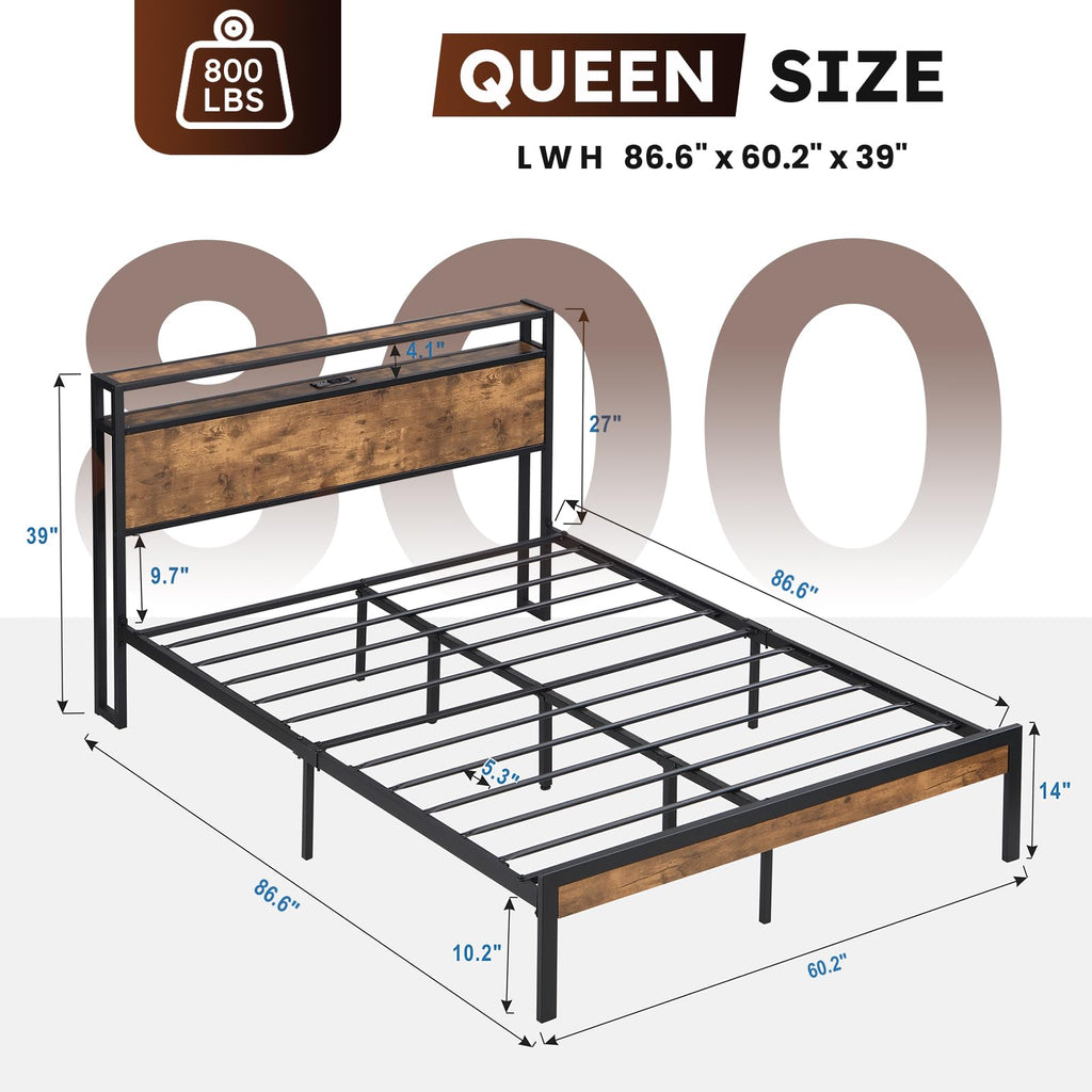 Bed Frame with Headboard Storage, Rustic Brown
