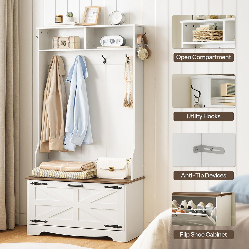 Hall Tree with Bench, Entryway Bench with Coat Rack and Shoe Cabinet, Flip Drawers, Farmhouse Hall Tree with Shoe