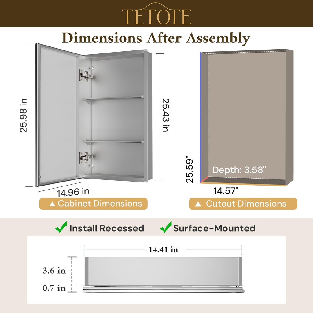 15 x 26 Bathroom Mirror with Storage with Tempered Beveled Mirror Silver Medicine Cabinet Aluminum Cabinet DTC