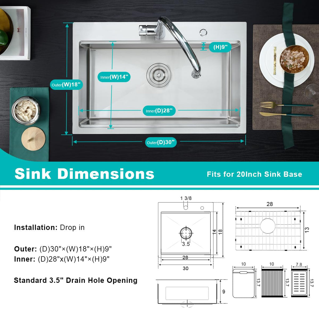 30"x18" Drop in Workstation Kitchen Sink with 2 Holes