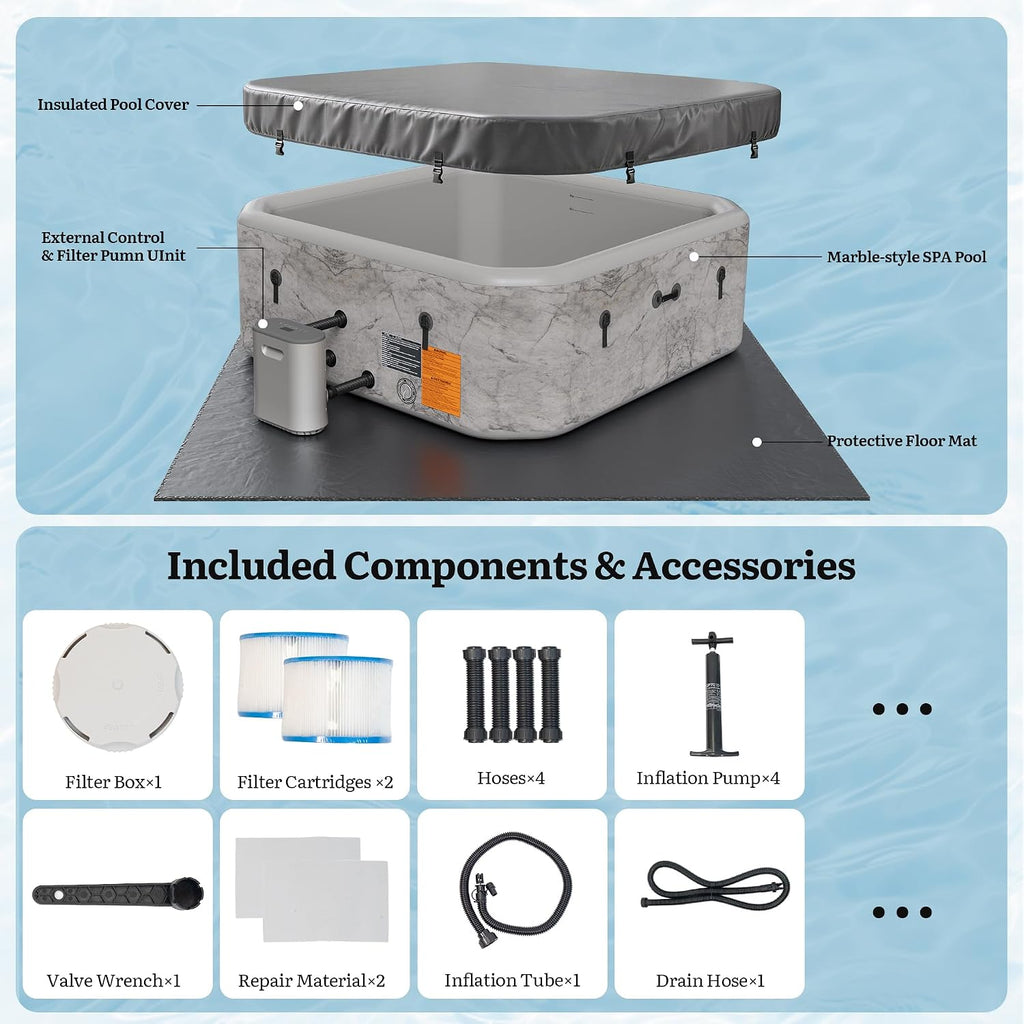 77-Inch Drop-Stitch Inflatable Hot Tub for 6 Person, Square Portable Outdoor Spa with 180 Massage Jets, Smart Heating