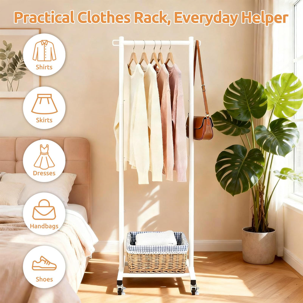 63-Inch White Clothes Rack with Shoe Shelf and Side Hooks