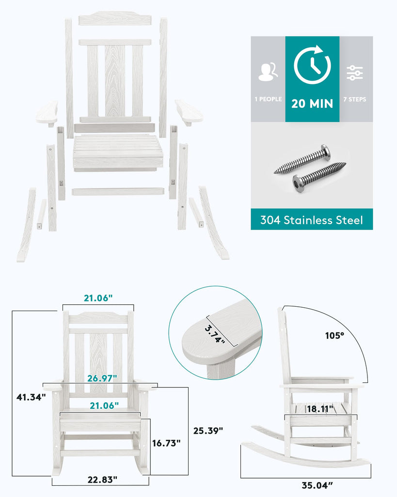 HDPE Oversized Outdoor Rocking Chairs Set of 2, Patio Rocker, White