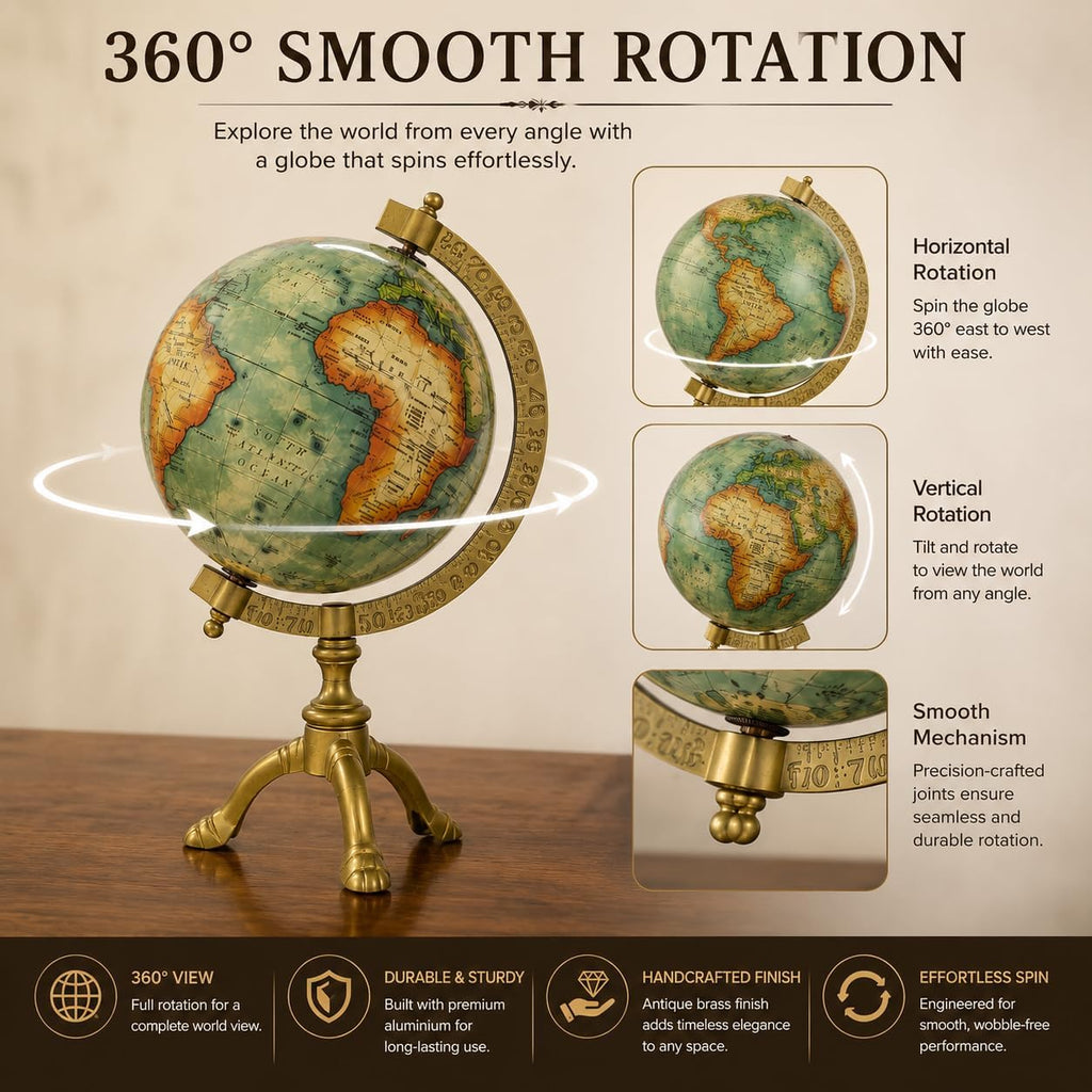 Vintage Desk Globe with Antique Brass Finish - Rotating Old World Tabletop Decor, Library & Study Room