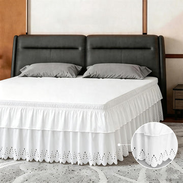 King Bed Skirt, Double-Layered Ruffled Eyelet Bed Skirt, Wrap-Around Elastic Dust Ruffle King Size with Gathered