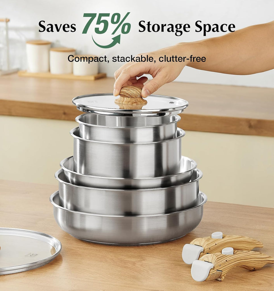 Stainless Steel Cookware Set, 18/10 Stainless Steel Pots and Pans Set 11PCS, Detachable Handle Pots and Pans for Easy