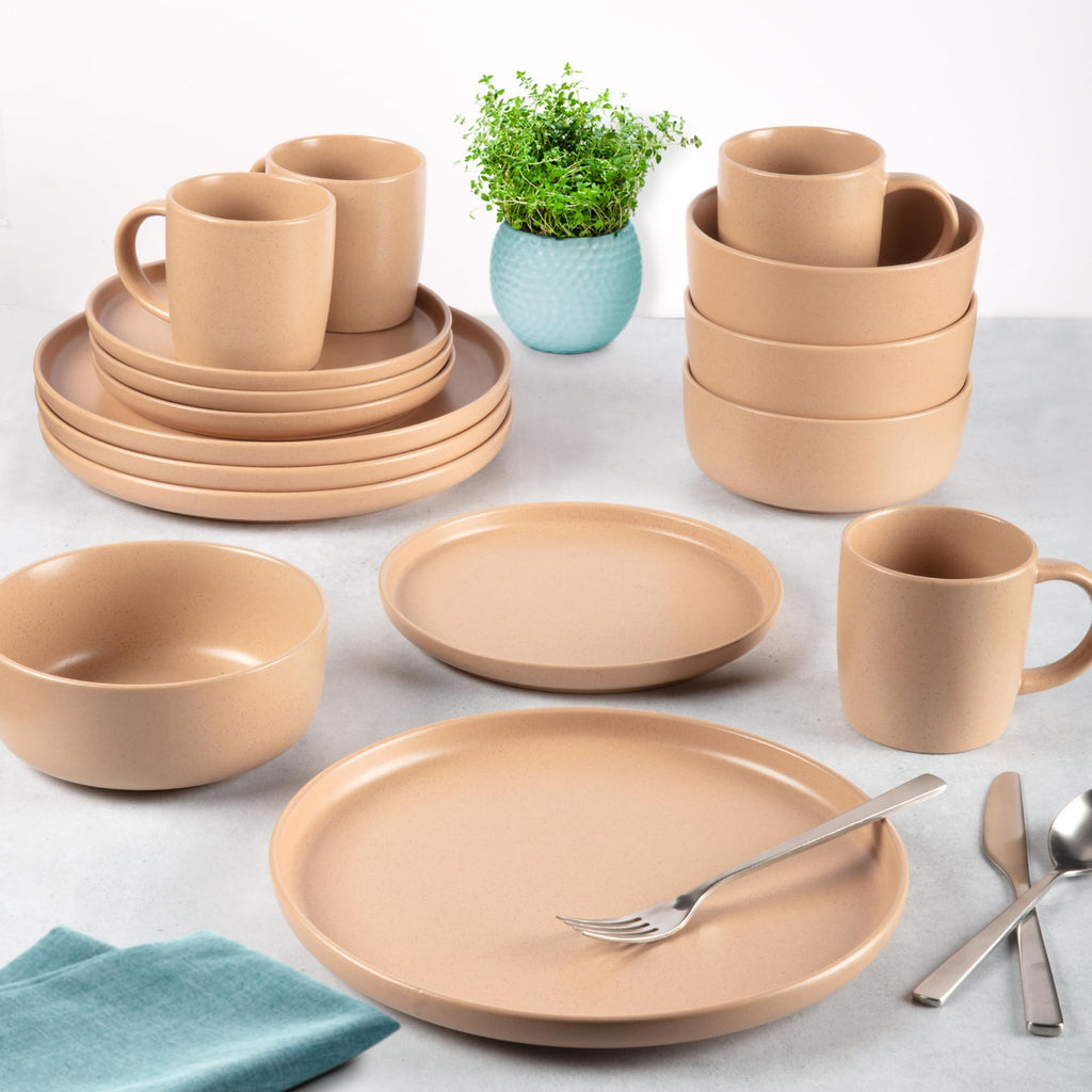 Terra Stoneware Dinnerware Set, Artisanal Ceramic Plates and Bowls Set Crafted at 2300°F - Service for 4, Terracotta