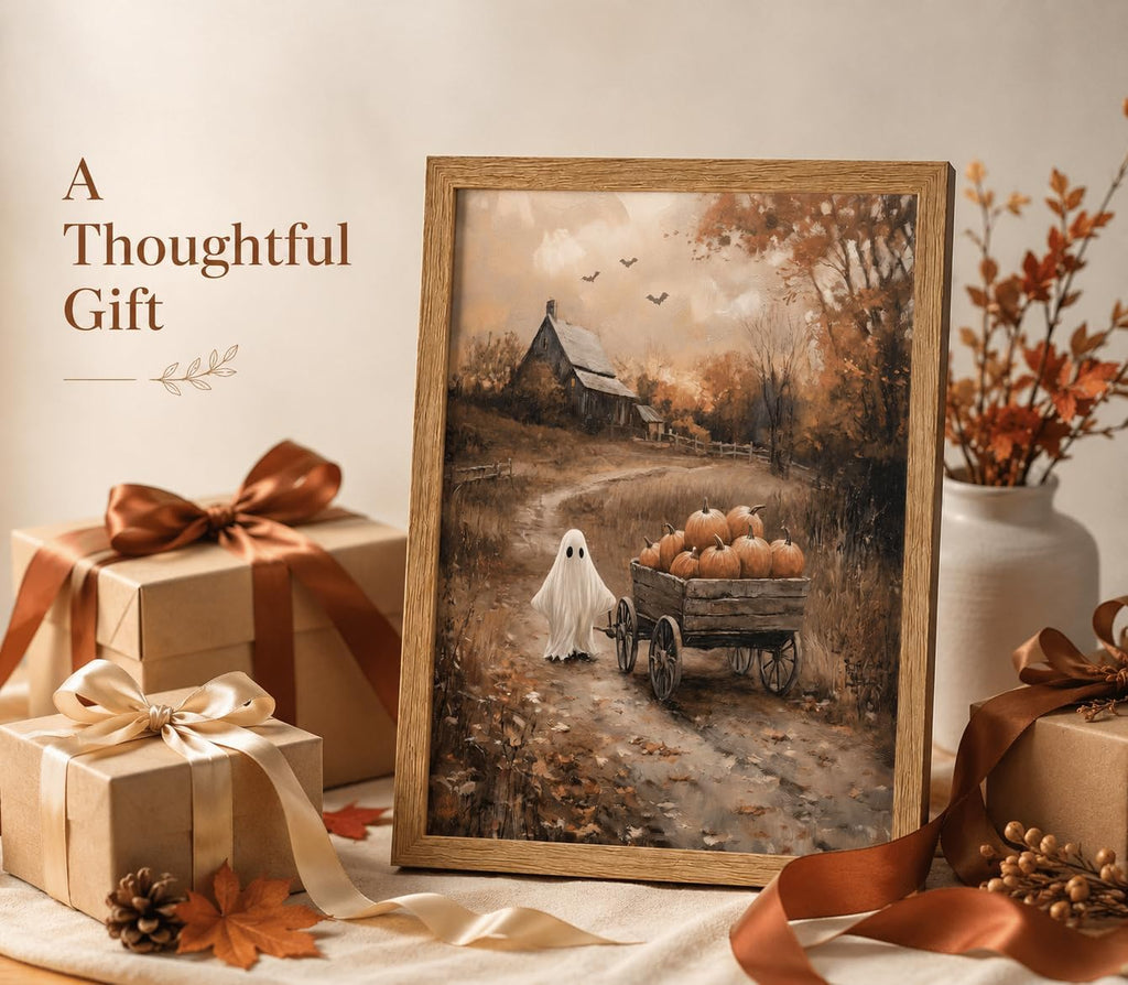 Framed Ghost Pumpkin Wall Art Vintage Halloween Canvas Print Rustic Farmhouse Autumn Cottagecore Spooky Countryside