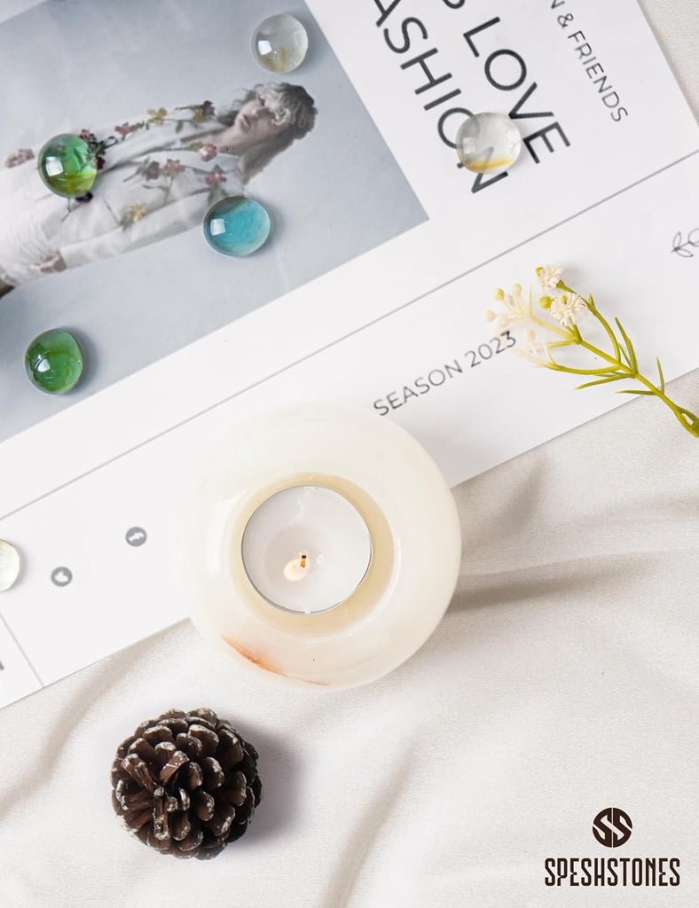 Marble Tea Light & Votive Candle Holders 4 Inch, Cream Onyx | Set of 2, handmade. Fits standard tealights. Dining