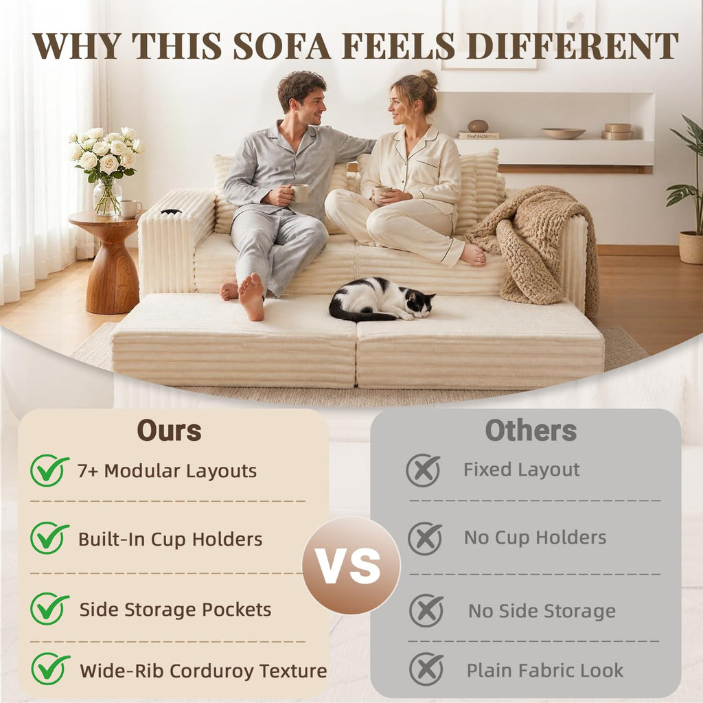 80" Cloud Modular Sectional Sofa, Boneless Corduroy Couch Sofa with Cup Holders & Side Pockets, L-Shaped Couch with