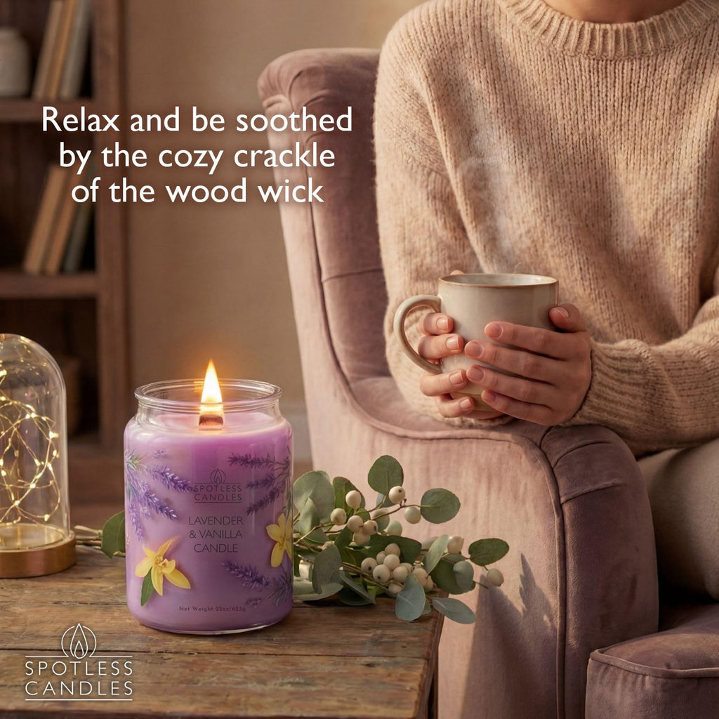 Vanilla & Lavender Candle 22oz Glass Jar with Wooden Wick in a Decorated Jar Within a Presentation Gift Box and