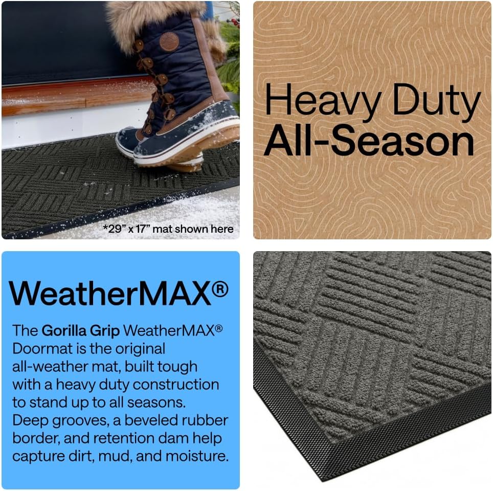 100% Waterproof All-Season WeatherMAX Doormat 35x23, US Designed Natural Rubber, Stain and Fade Resistant, Low