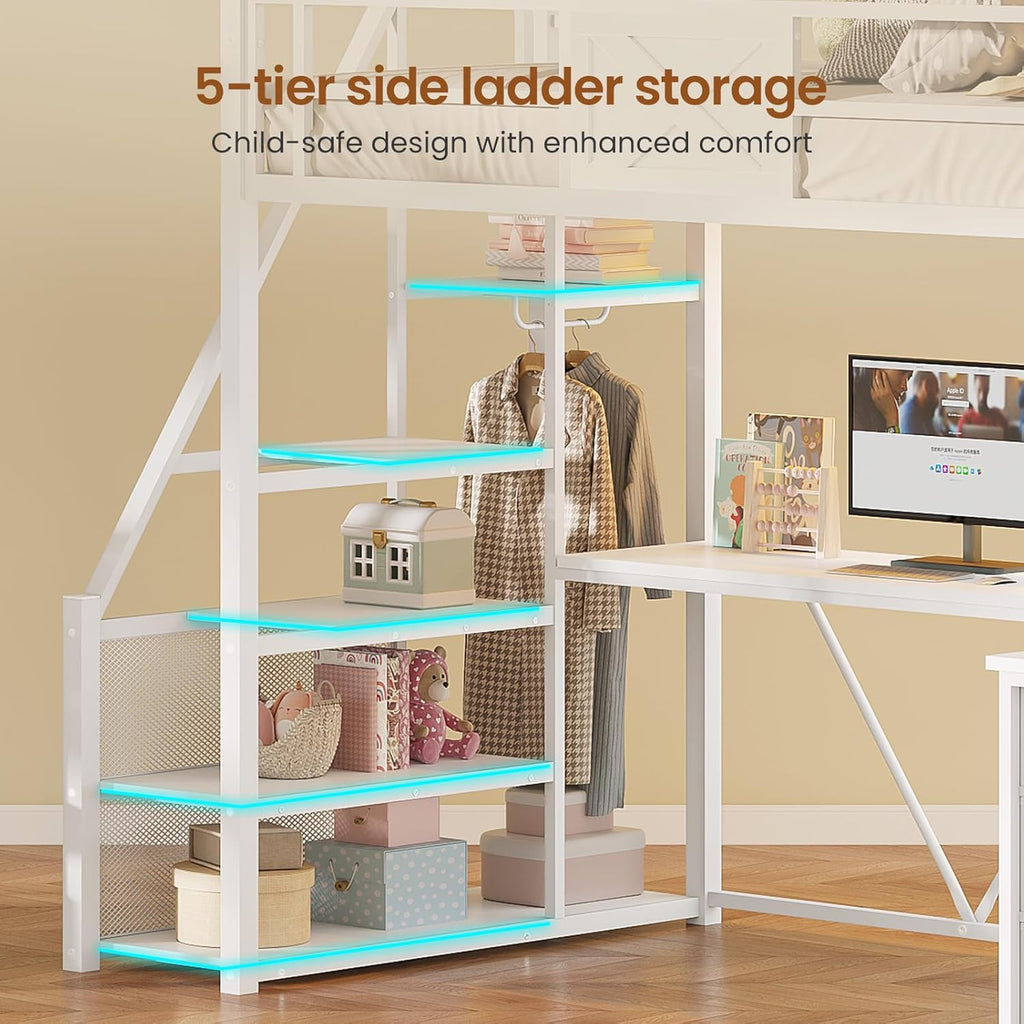Stairway Twin Loft Bed with L Shaped Desk and Wardrobe, Metal Loft Bed Frame with Stairs, 3 Fabric Drawers