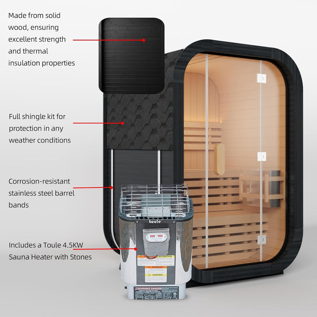 Outdoor Steam Sauna for 2 Person, Canadian Cedar Saunas Spa, Traditional Barrel Wooden Sauna with ETL-Certified 4.5KW