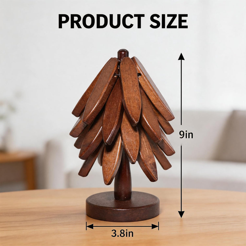 Wooden Tree Coasters Set, Black Walnut Tree Trivet for Hot Dishes, Foldable Stackable Trivets with Stand, Heat - Set of 6