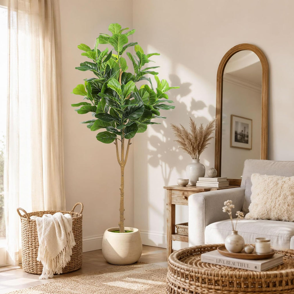 6FT Artificial Fiddle Leaf Fig Tree, Large Faux Ficus Lyrata Tree with White Planter, Fake Floor Plants Living Room