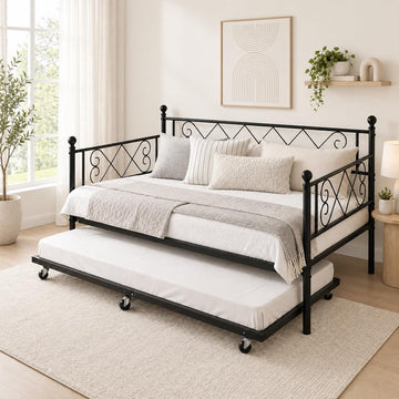 Daybed with Trundle, Trundle Bed Twin with Heart-Shaped Headboard, Sturdy Metal Sofa Bed, Heavy-Duty Metal Bed Frame