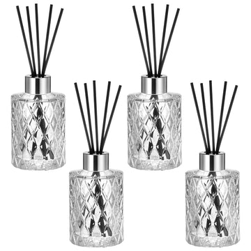 4 Set Empty Reed Diffuser Bottle Set with Stick, 150ml Refillable Patterned Glass Vase with Black Rattan Reed & Cap