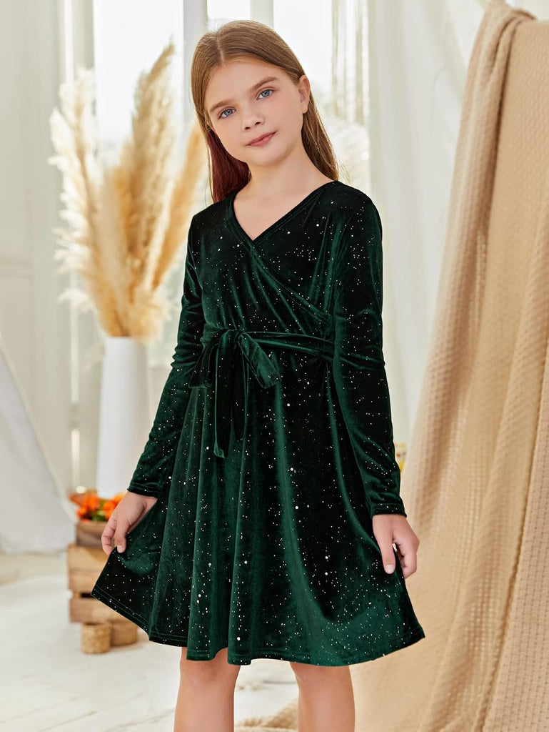 Girl's Velvet Glitter Wrap V Neck Long Sleeve A Line Party Dress