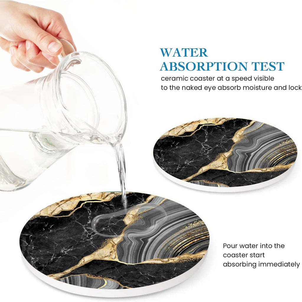 Black and Gold Coasters for Drinks,Round Absorbent Ceramic Stone Coaster with Metal Holder Stand,Black Gold - Set of 6