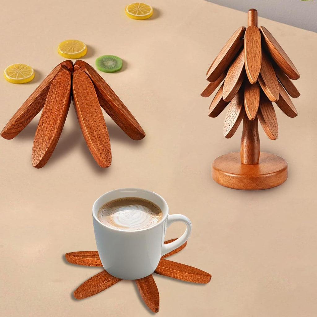 Wooden Tree Trivet Set - 4 Heat-Resistant Sapele Wood Trivets with Stand for Hot Pots and Pans, Kitchen Countertop - Set of 4
