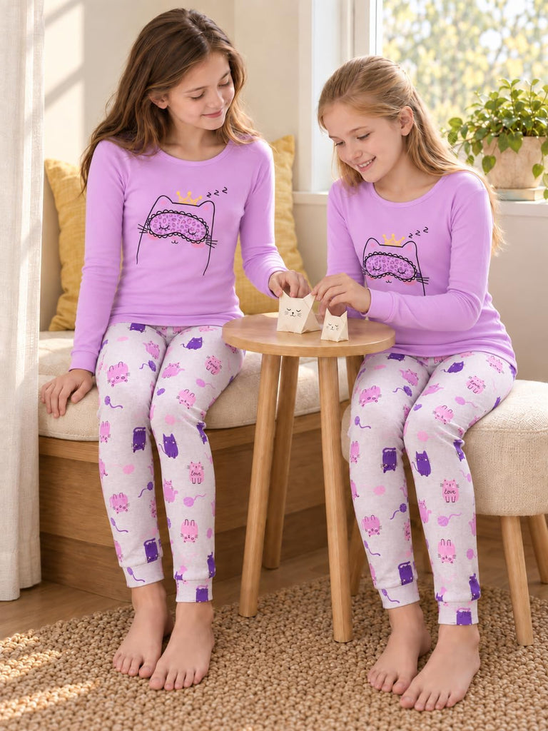 Girls Long Sleeve Piece Cotton Rib-Knit Pajamas Set
