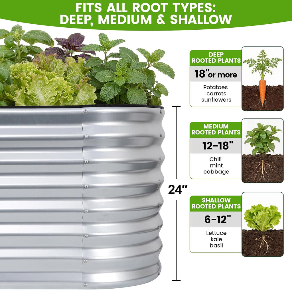 Galvanized Raised Garden Bed 4x2x2ft,Silver Planter Box | 24" Deep Oval Metal Garden Beds with Easy Assembly &